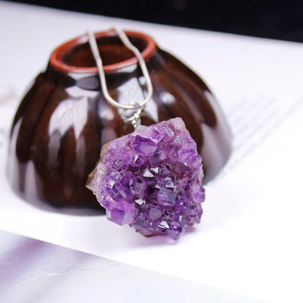 Natural Raw Amethyst Quartz Crystal Purple Cluster Pendant Necklace