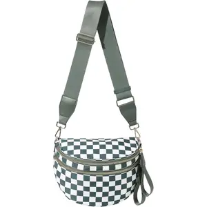 Checkered Bum Bag for Women, Roomy Crossbody Fanny Pack with Plus Size Adjustable Strap (Beans Green Checkered)