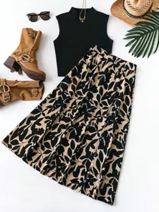 Two-piece women's black half-neck sleeveless top with plant print A-line midi skirt for beach vacation and versatile for daily wear