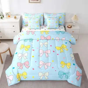 7-Piece Princess Style Bowknot Printed Microfiber Bedding Set - Soft Breathable Bedding, Light Weight Blanket, All-Season, Multi-Size Quilt Cover Set for Kids Girls