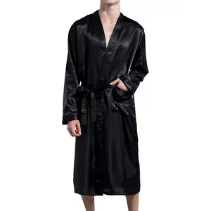 Men's Satin Kimono Robe Silk Classic Long Bathrobe Pockets Lightweight Loungewear
