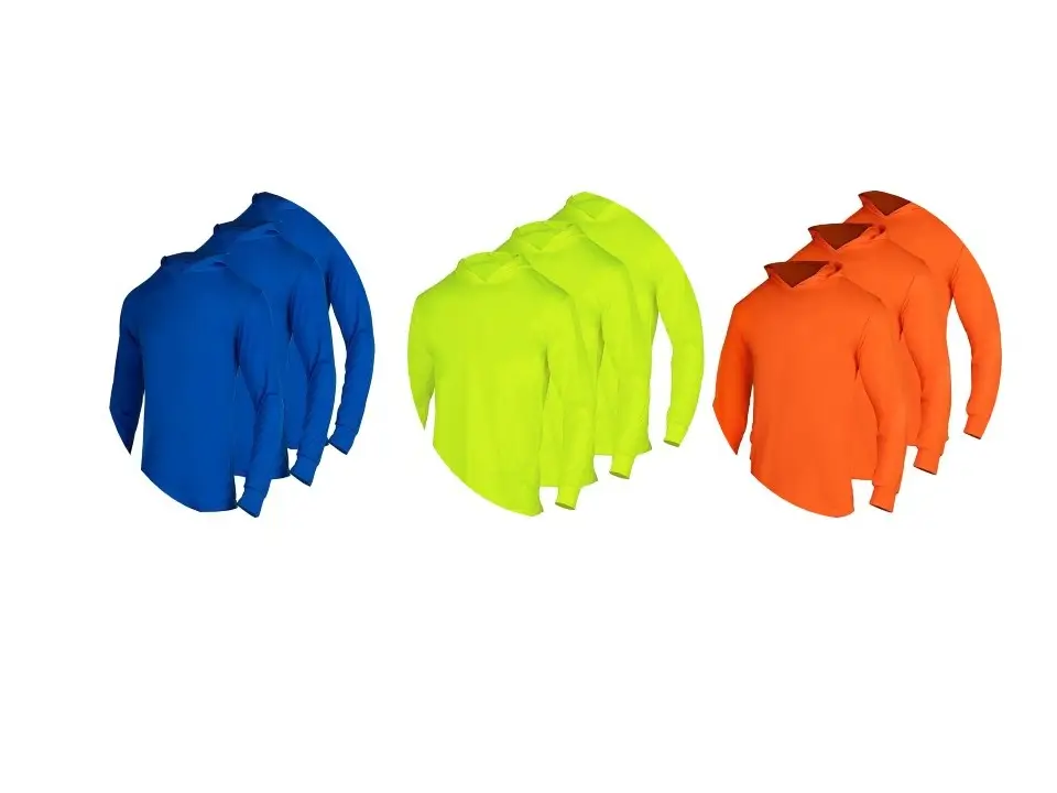 3 SHIRT PACK Hi Vis Long Sleeve Safety Shirt With Hoodie, Quick Dry Polyester Birdeye mesh / Ultra lightweight hoodie shirt Reflective Thin Pullover L