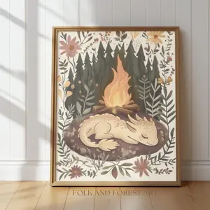 Forest Dragon Wall Art – Cottagecore Fantasy Animal Decor, Cozy Baby Dragon Campfire Artwork, Whimsical Nursery Wall Art, Room Decor, Unframed