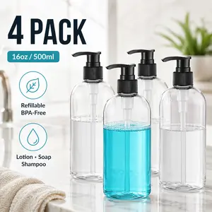 4-Pack 16oz Clear Plastic Pump Bottles, BPA-free and refillable portable design.Ideal for shampoo, lotion and hand soap, perfect for bathroom vanity and travel liquid storage containers.