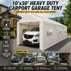 10x30 Heavy Duty Carport Garage Tent White with Windows Portable Outdoor Storage Shelter for Cars Trucks Boat Backyard Event Party Waterproof UV Resistant Steel Frame Vehicle Protection Canopy Large Storage Shed Kit