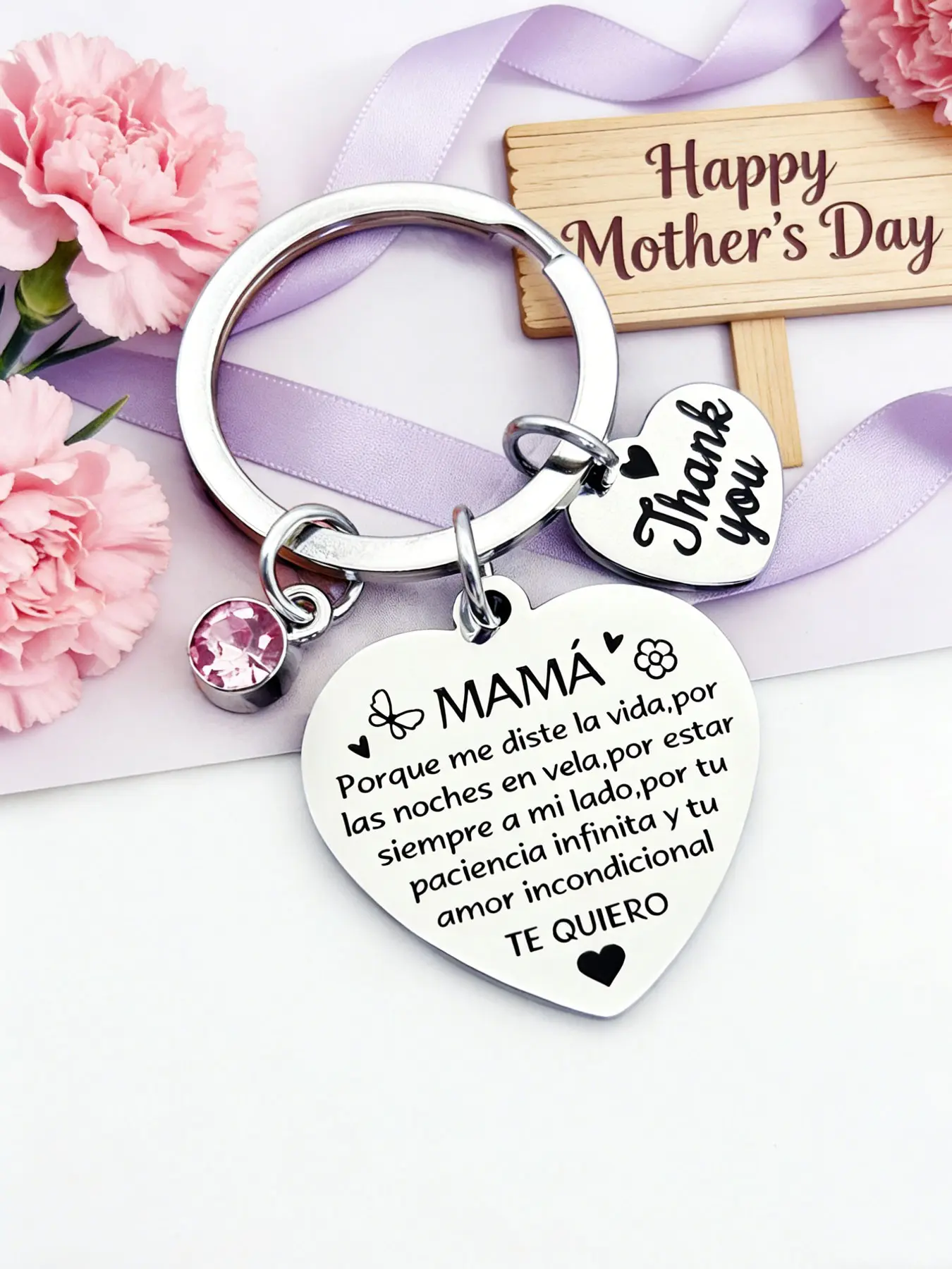 Thank Mom Heart Engraved Stainless Steel Keychain, Romantic Spanish Jewelry Gift, Mother's Day Birthday Present, Thoughtful Gift for Moms