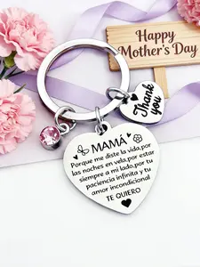 Thank Mom Heart Engraved Stainless Steel Keychain, Romantic Spanish Jewelry Gift, Mother's Day Birthday Present, Thoughtful Gift for Moms