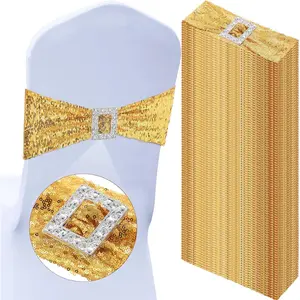 50 Pieces Sequin Chair Sashes Stretchy Sequin Chair Ties Spandex Sequin Chair Cover Bows Band with Square Slider for Wedding Hotel Banquet Party Decorations (Gold)