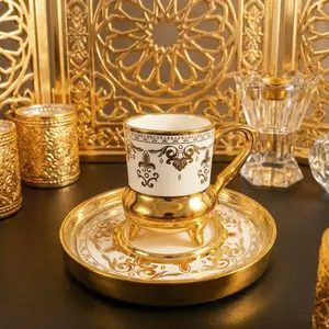 1 Cup 1 Saucer/6pcs luxury gold embossed ceramic Cup & Saucer Set 90ml, suitable for cappuccino, latte, mocha, double espresso, elegant home decoration, office, kitchen, Ramadan, Valentine's Day gifts  Starting school season, cutlery set, عيد مبارك