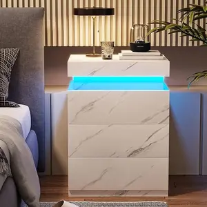 Nightstand with LED Lights Charging Station White Marble