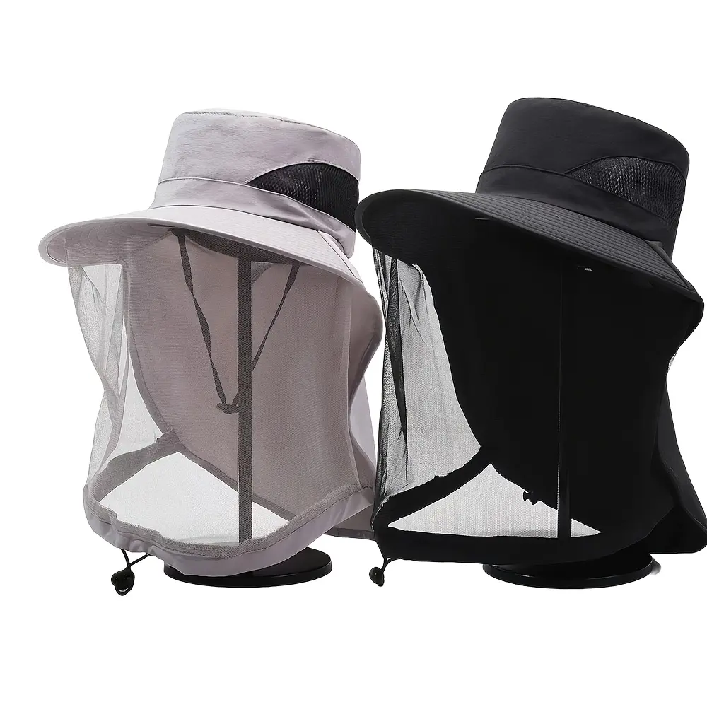 Unisex sun protection fishing hat with mask set, featuring breathable mesh anti-insect cover and mosquito/bee-proof sunshade brim, suitable for night fishing, beekeeping, boating, outdoor activities, and summer facial coverage gear
