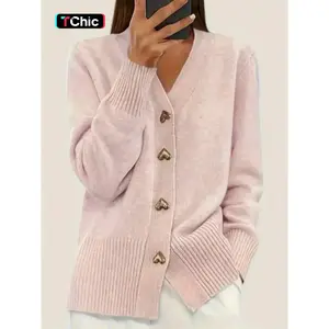 Women’s V-Neck Heart Button Long-Sleeve Knit Cardigan, Casual Loose-Fit Sweater for Autumn and Winter, Soft and Comfortable Women’s Knitwear Outerwear