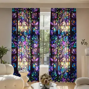 2 pieces, colored glass fan (Tiffany style) - installed with pocket rods, digital vine pattern curtains, suitable for living room, closet, bedroom, study, dining room, home decoration