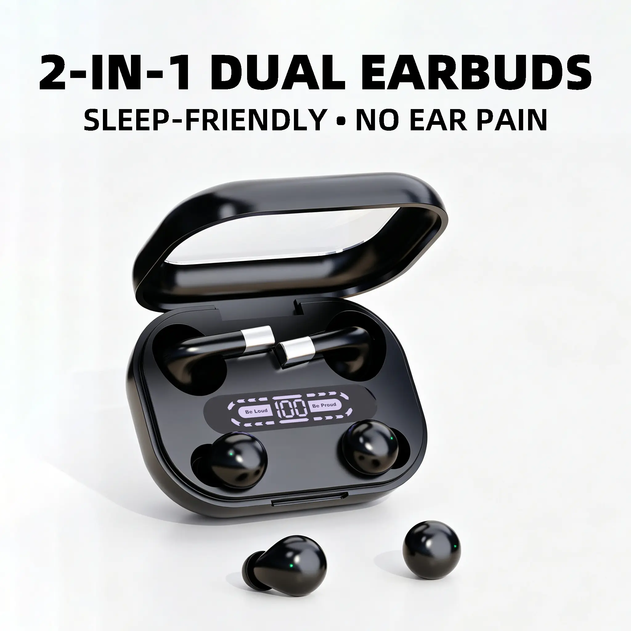 2-in-1 Tiny Wireless Bluetooth Earbuds - Low-Profile In-Ear Design, Long-Hour Pain-Free Wear, Side-Sleep Friendly, Rich Stereo Sound, Sensitive Touch Control for Meditation & Leisure