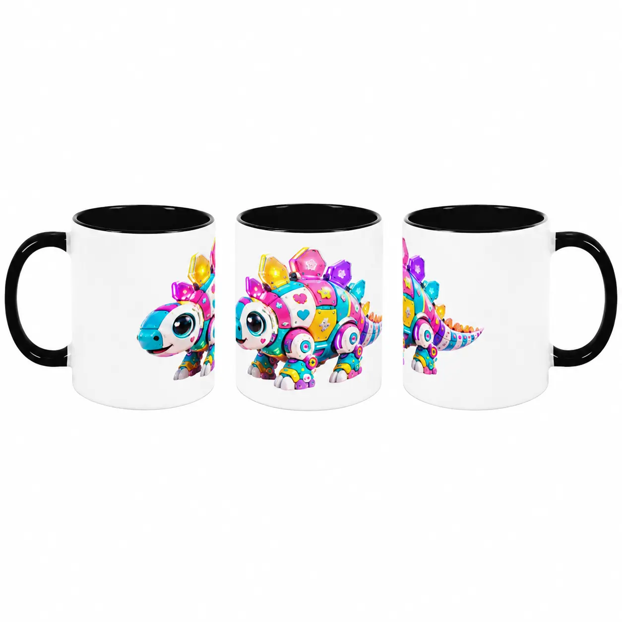 11oz Dopamine Cyber Ankylosaurus Ceramic Coffee Mug - Kawaii Robot Dinosaur Drink Cup, Black Interior, Washable, Microwave & Dishwasher Safe