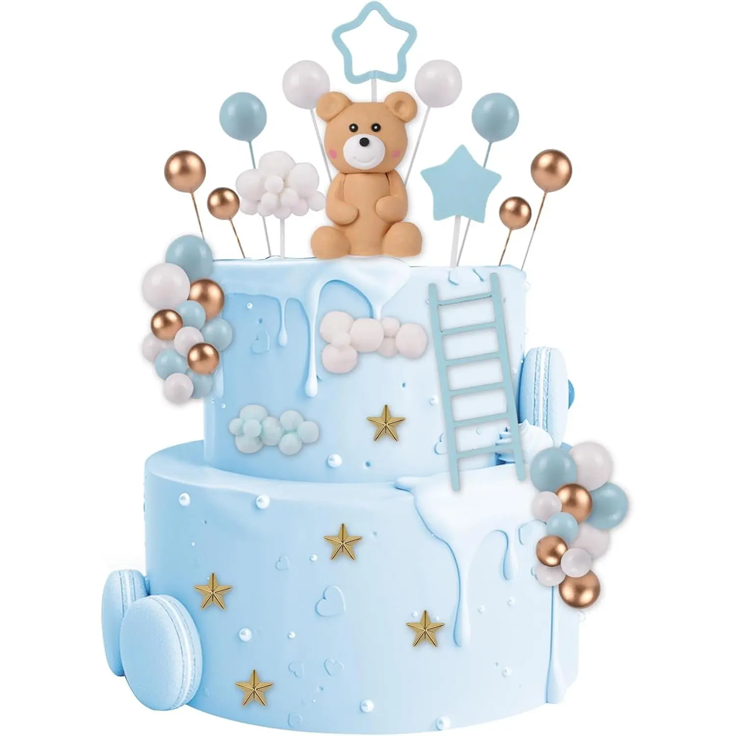 F-PSD15 46-Piece Reusable Polymer Clay 3D Brown Teddy Bear Ball Cake Decorating Kit, Cloud & Star Topper Ornaments, Pastry Decorative Kit for Birthday Party & Housewarming Supplies (Blue)