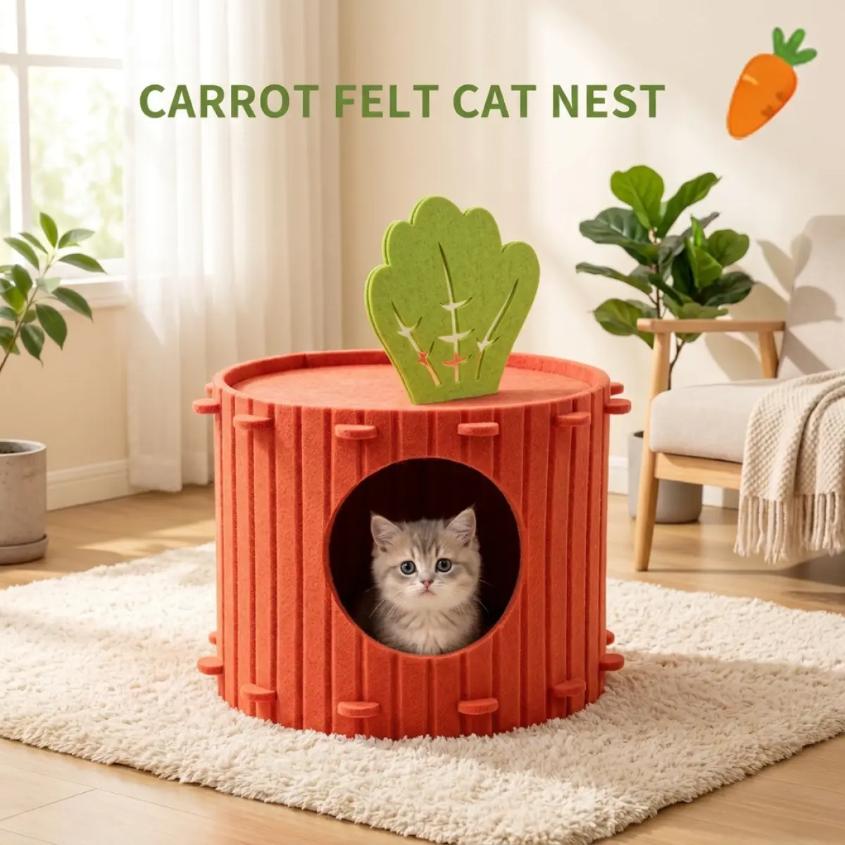 Carrot Cat Bed Cave – Cute Felt Cat House for Indoor Cats, Cozy Enclosed Cat Nest with Leaf Top, Kitten Hideaway Bed for Living Room