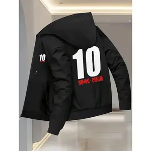 Bmuvlss Men's Slim-Fit Bold Number 10 Print Hooded Jacket - Red & White Lettering, Full-Zip Baseball Collar Coat with Stand Collar & Pockets, Machine Washable Autumn/Winter Casual Outerwear for Men (No Lining, Versatile Day-to-Night Style), Streetwear Sty