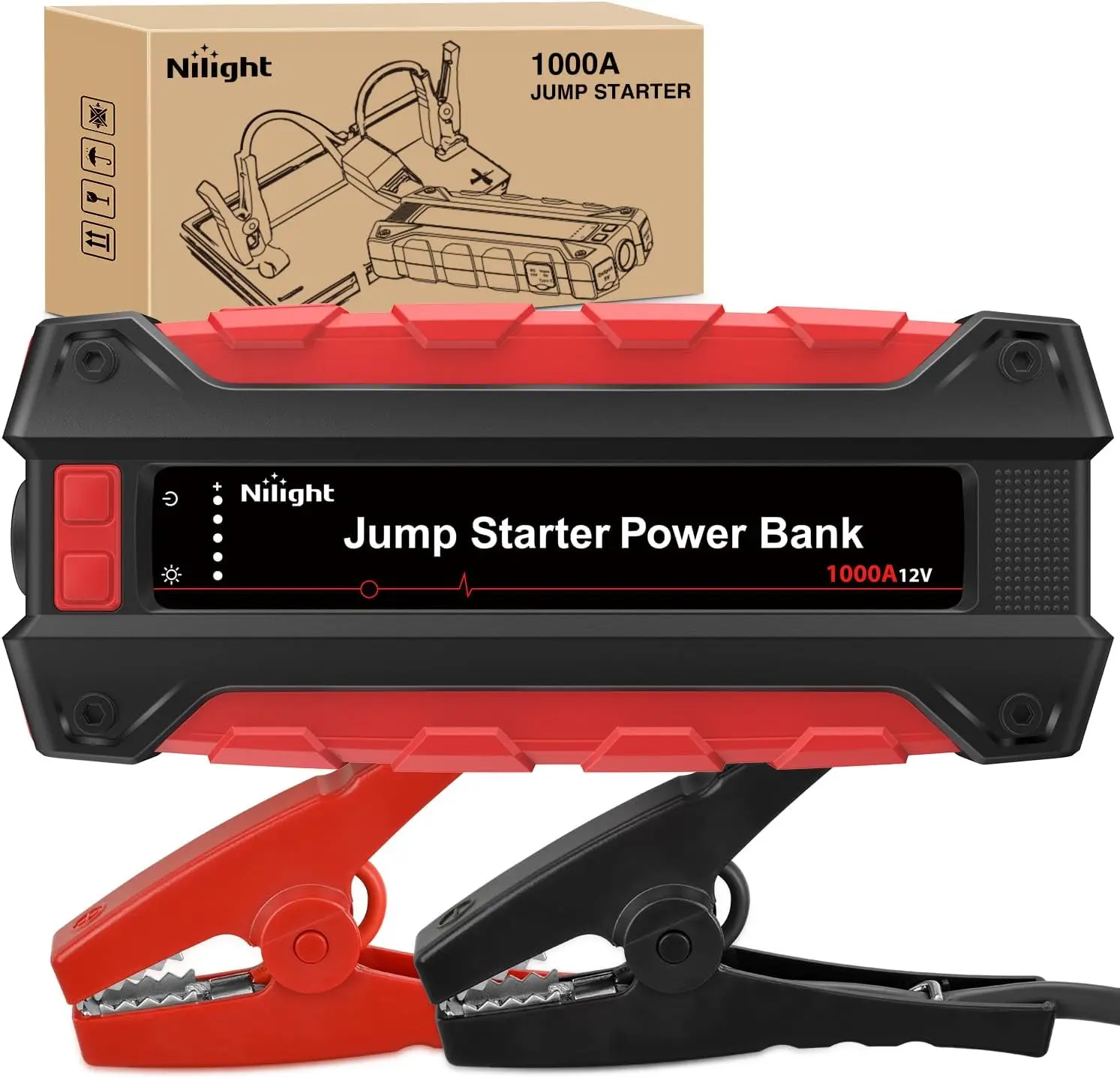Nilight 12V 1000A Car Battery Jump Starter, Car Accessories for 6.0L Gas & 4.0L Diesel Vehicles, Automotive Tool Kit with Jumper Cables, DC Output & LED Illumination Car Tool Kit Car Jack Kit