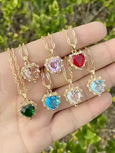 Zircon Heart Pendant Necklace, Copper Cubic Zirconia Jewelry, Handmade Gift, Boho Style, All Seasons, Zinc Alloy Chain, Plain Pattern