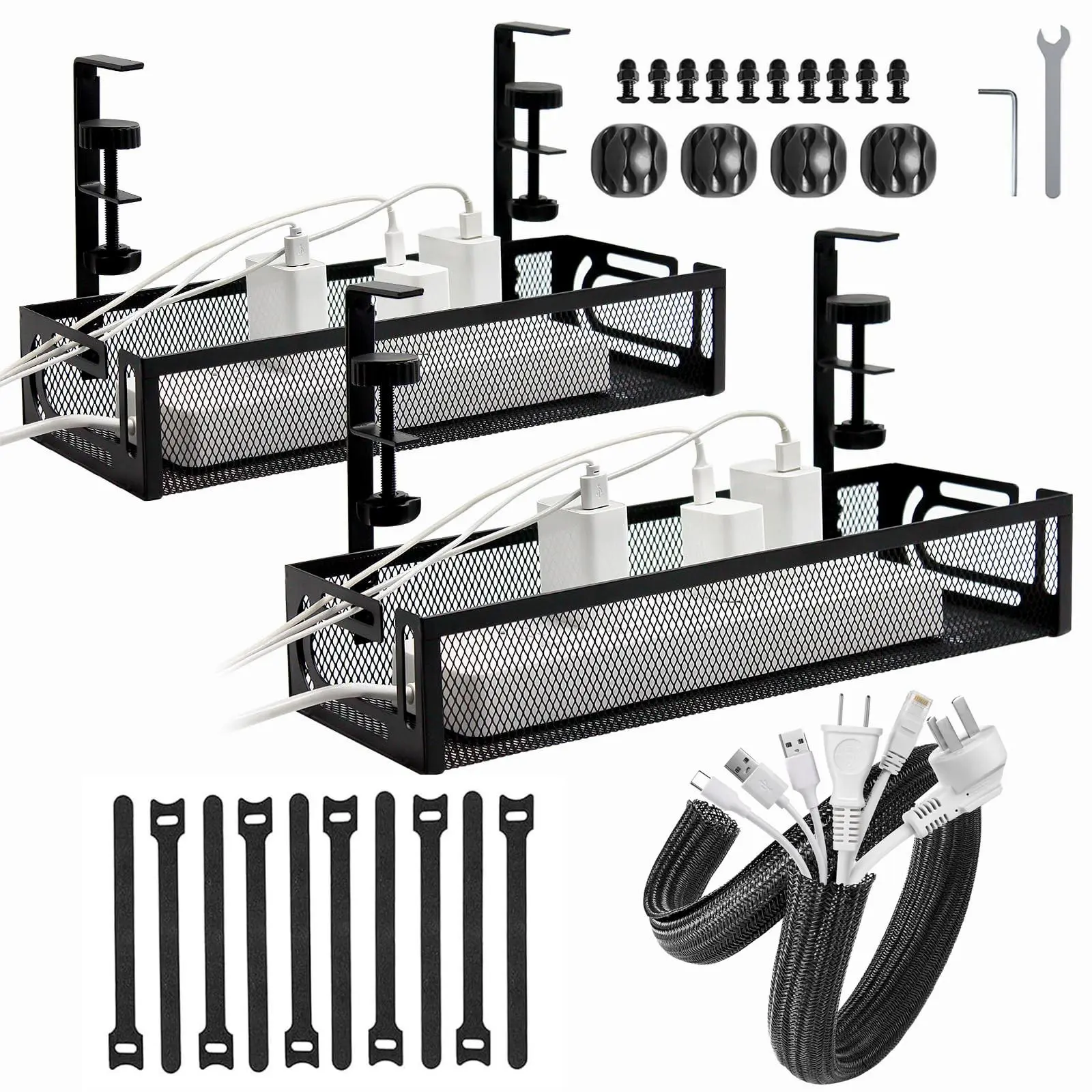 Desk Cable Management Tray, 1/2 Sets Desk Cable Organizer, Extension Cable Organizer, Mesh Desk Organizer, Cable Management Tray for Home Office, Desk Organizer for Home Office, Office Accessories, Cable Management Kit