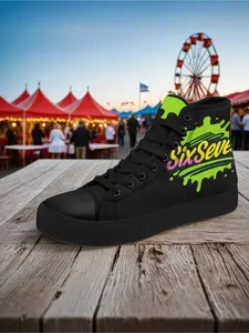 Lightweight SixSeven High-Top Sneakers - White Base Neon Green Splatter Design Men's Comfort Streetwear Shoes