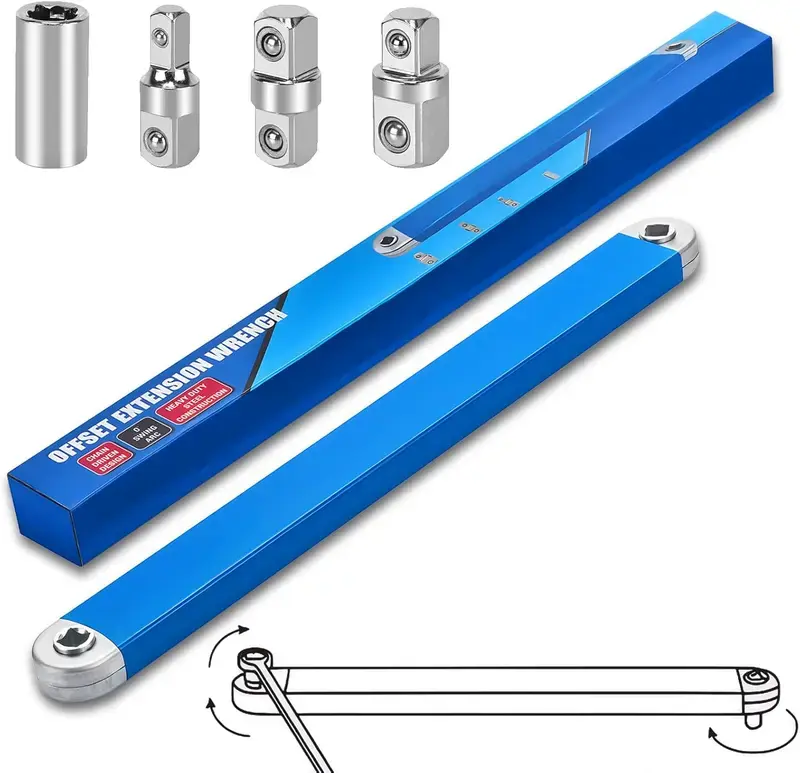 Auto Repair Tools Professional Locking Extension Wrench Set with 3 Adapters 1/2" 3/8" 1/4" Drive for Tight Spaces. Heavy Duty Steel Offset Extension Wrench, Tight Reach Extension Wrench Set angle grinder holder