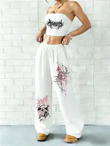 Women's Y2K Gothic Theme 2-Piece Set, Top Tankini Backless Design + Loose Straight Pants, Gothic Print, Fashion Streetwear