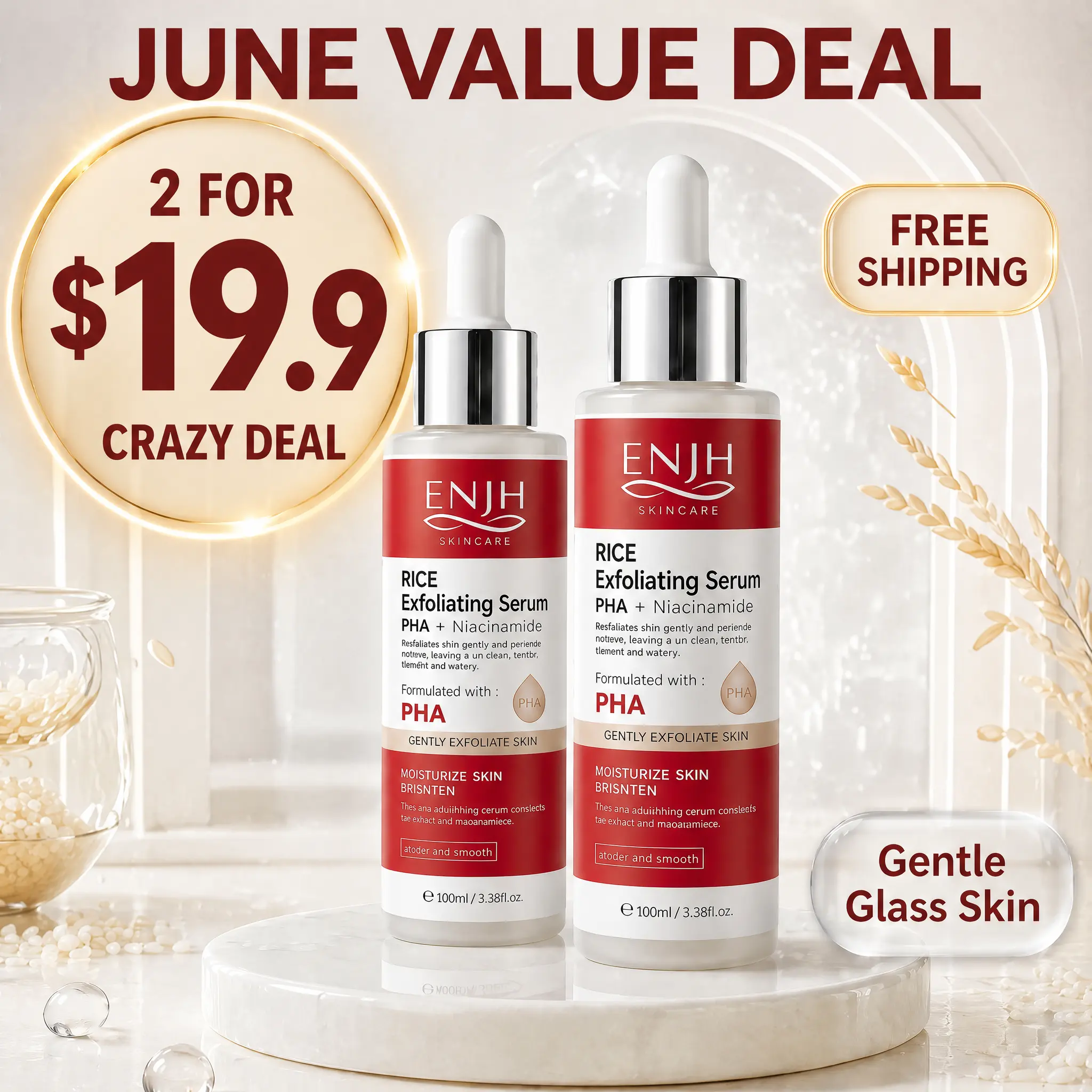 ENJH Rice Exfoliating Serum Gel Peel - 2-Piece 100ml Korean Skincare Gentle Clarifying Face Essence, Pore & Dead Skin Care for Radiant Glow