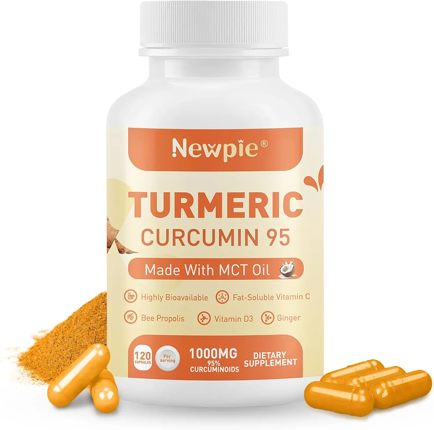 Turmeric Curcumin Organic Herbal Supplement - 1000mg, 120 Vegan Veggie Capsules, 95% Curcuminoids, Bee Propolis, MCT Oil, Vitamin C for High Absorption, Antioxidant, Halal, Digestive Health Support, Non-GMO, Filler-Free