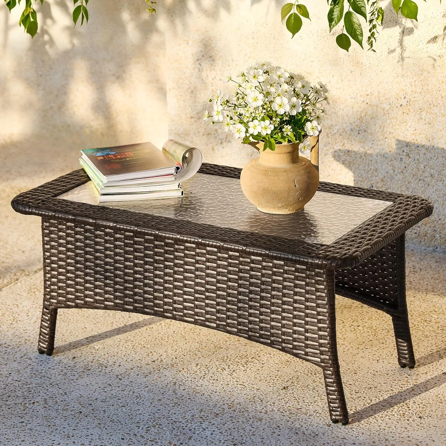 Tribesigns Outdoor Wicker Coffee Table with Hammered Glass Top, Hand PE Rattan Wicker Patio Furniture Set, All-Weather Rectangular Patio Table for Deck, Backyard, Porch, Poolside homedecor
