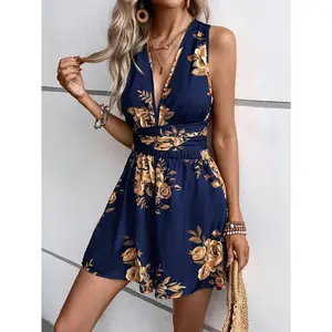 Vitality printed jumpsuit — elegant tie detail, crisscross straps, sleeveless, halter neckline — fashionable summer women’s clothing fabric suitable for outdoor activities; women’s loose workwear made from polyester woven fabric