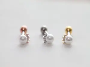 Crown Pearl Cartilage Labret • Simple Tragus Earring • Conch Threadless Flat Back • Dainty Lobe Studs • Rose Gold Crystal Cartilage Piercing