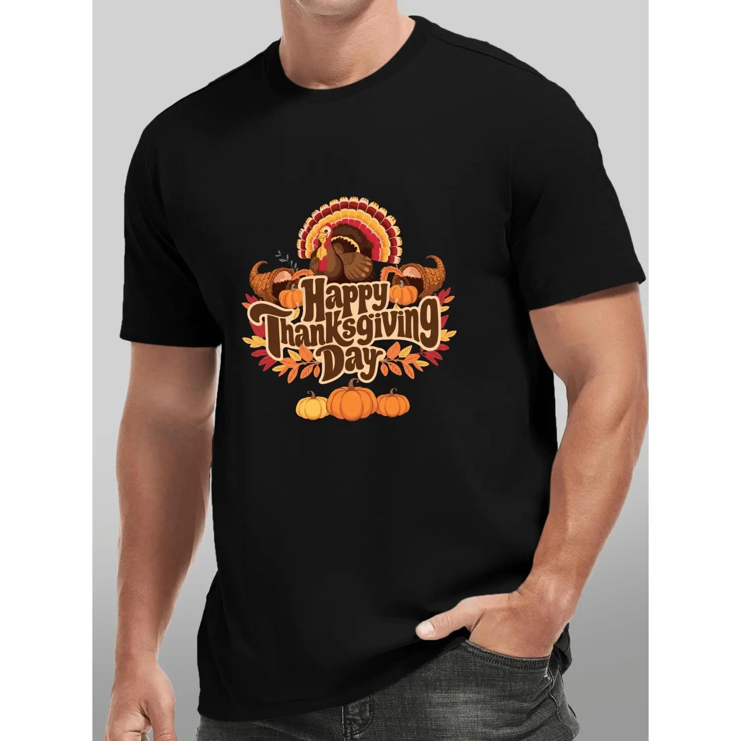 Men's Happy Thanksgiving Turkey & Cornucopia Graphic Print Casual Tee - Multi-Size Menswear Top, Breathable Polyester, Machine-Washable, Lightweight, Soft, Holiday Theme, Fall Everyday Outfit, Basic Look