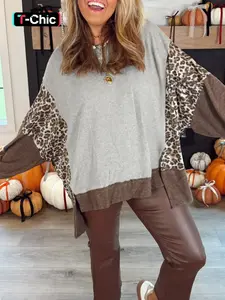 Hotapei Spring Autumn Casual Colorblock Leopard Print Drop Shoulder Long Sleeve High Low Hem Loose Pullover Sweatshirt Women Tops Womenswear