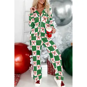 SHAPUM Green Holly Jolly Checkered Pattern 2pcs Long Pajama Set