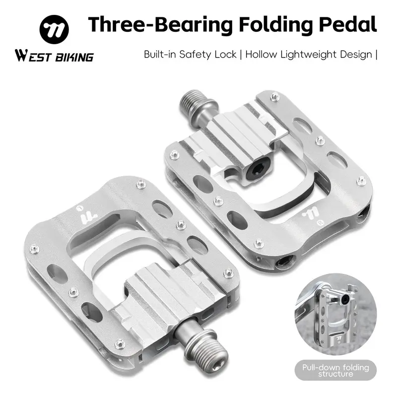 WEST BIKING 3 Bearing Folding Bike Pedals, 9/16" Aluminum Alloy Non-Slip Platform Pedals with Safety Lock, Lightweight Waterproof Pedals for MTB Road Folding Bikes