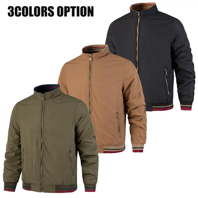 Men’s vintage stand-collar work jacket with contrast stripes, ribbed hem, zipper closure, windproof aviator design—casual commuter, versatile lightweight top available in three colors