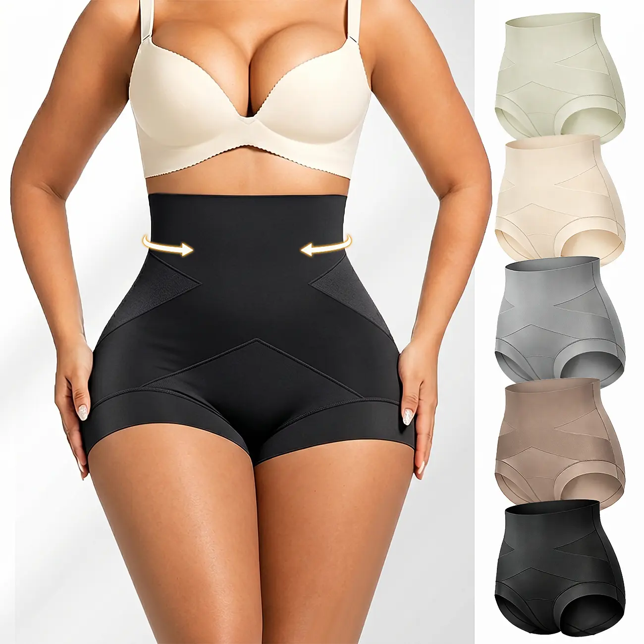 Women’s high-waisted shaping panties, tummy control and waist cinching, seamless butt-lifting body enhancement, comfortable minimalist design, machine washable, basic minimalist women’s underwear.