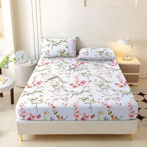 SoftHaven Home Made in USA Red Flower & Green Leaf 3-Piece Bedding Set, Soft Skin-Friendly Fitted Sheet & Pillowcases, Reusable Washable Polyester Bedding with Snug Fit for All Mattresses