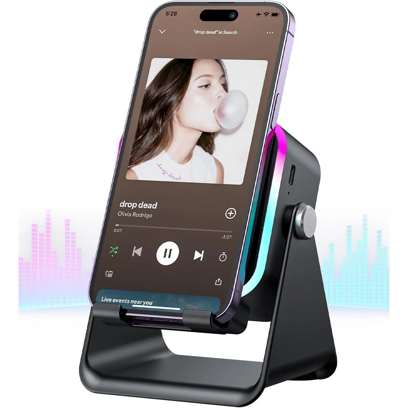Induction Speaker with Phone Stand 5 in 1 Wireless Bluetooth Audio Black | Phone Speakers Amplifie For iPhone and Android Rechargeable Colorful Light. Birthday gift for men women and teens.