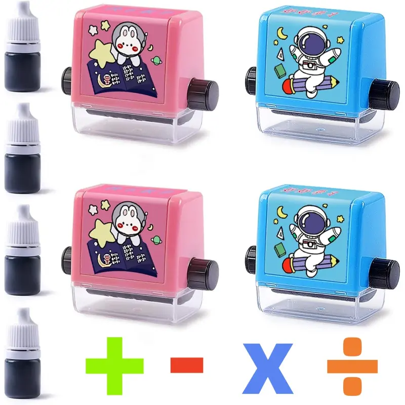 4PCS Reusable Math Practice Stamp Set, Smart Roller Calculation Tools for Addition, Subtraction, Multiplication & Division, Classroom Supplies for Students and Teachers