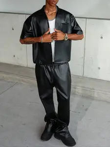 Men's PU Leather Loose Jacket Set, Motorcycle Style Short Sleeve Shirt & Elastic Waist Pants, Casual Fashion for All Seasons