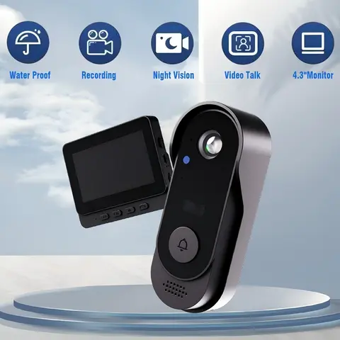 X8B Smart Video Doorbell Camera - Home Security System with 4.3" Screen View, 480p Recording, Auto Snapshot, 1000mAh Polymer Battery, AC Power Supply, 2-Way Audio, Night Vision, Outdoor IP65 Waterproof, Rechargeable, No App/Monthly Fees, Plug & Play