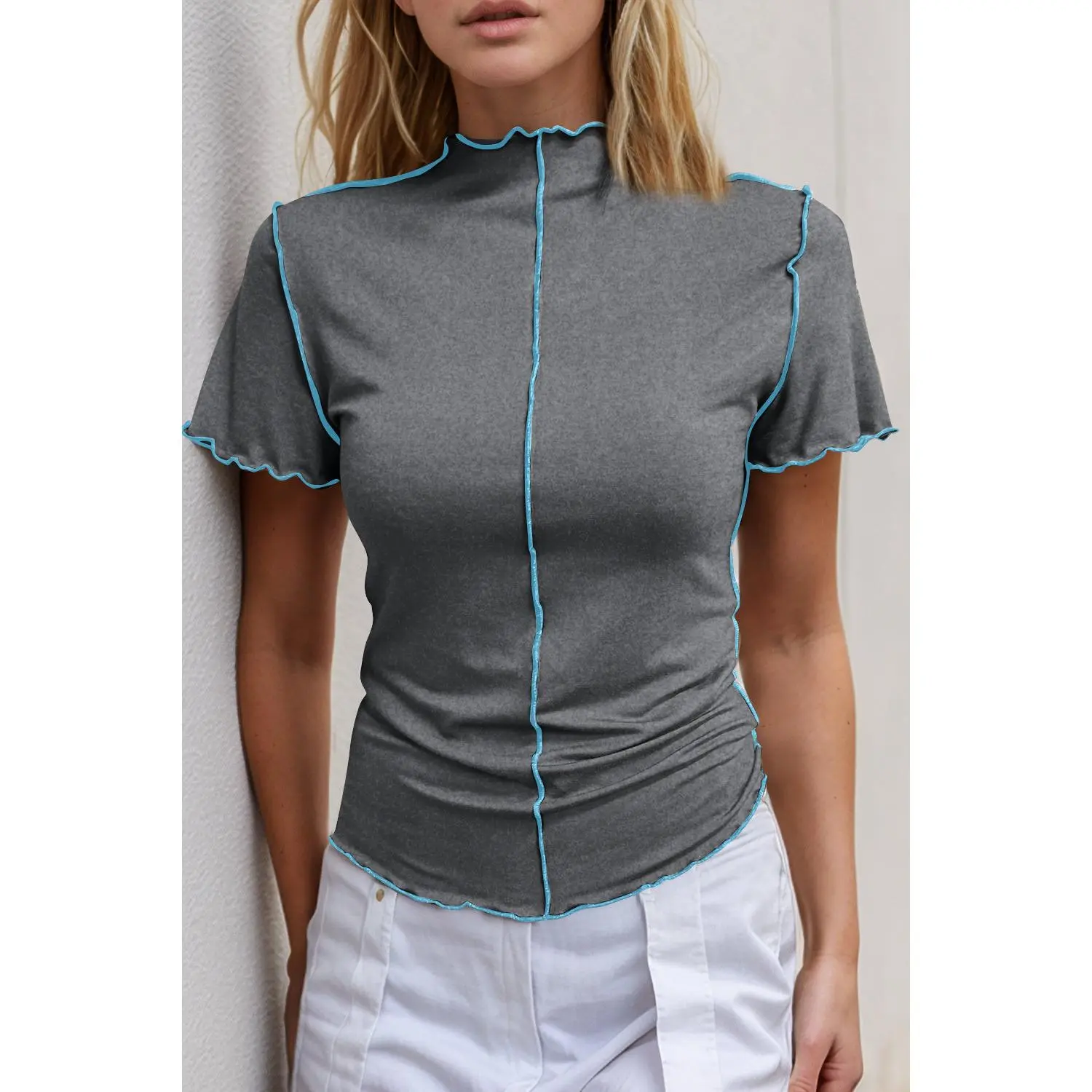 Basic Bae Contrast Trim Mock Neck Short Sleeve T-Shirt