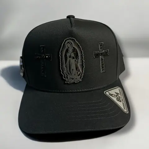 Personalized Black Cap - Faith-Inspired La Virgencita Custom Graphic Snapback Hat with Black Stones, Versatile Style, Unique Design, Express Individuality, Snapback Closure, Daily Wear