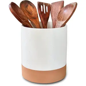 Ceramic Kitchen Utensil Holder - Wooden Spoon & Spatula Crock for Countertop, Modern Farmhouse Home Decor, Extra Large 7.3" Cooking Organizer for Stove Top and Counter - Heavy & Sturdy - Vanilla