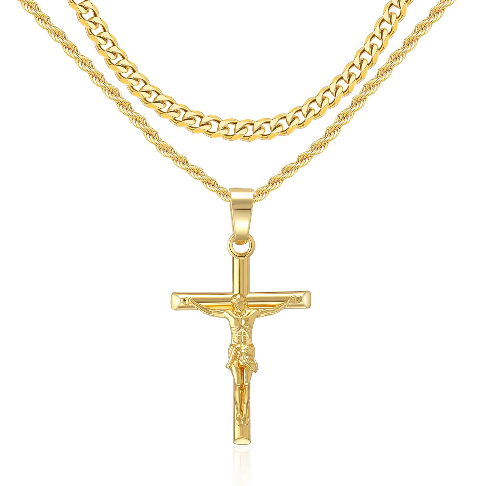 Layered Jesus Cross Necklace for Men Unisex Stainless Steel Cuban Chain Necklace for Men and Women Christmas Gift