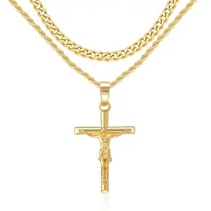 Layered Jesus Cross Necklace for Men Unisex Stainless Steel Cuban Chain Necklace for Men and Women Christmas Gift