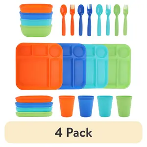 (4 pack)  24-Piece Plastic Kids Dinnerware Set with 4 Trays, Bowls, Plates, Cups, Forks, Spoons in Orange, Blue, Aqua, Green